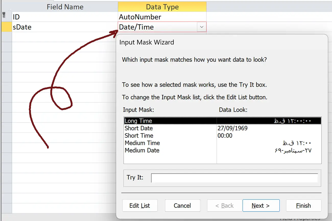 تاریخ شمسی در اکسس
